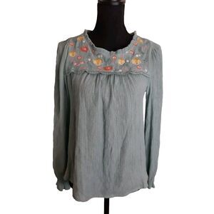 MINE Blouse Women Small Sage Green Floral Embroidered Cottagecore Boho Crepe